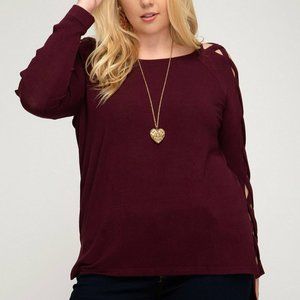 NWT She And Sky Burgundy Lattice Strap Sleeve Plus Sweater